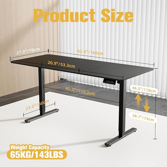 63"x28" Standing Desk, Height Adjustable Sit-Stand Home Office, Black | Electric Adjustable Standing Desk, Sit to Stand Computer Office Desk with Splice Board, Memory Preset, Lifts 28.7''-46.5"