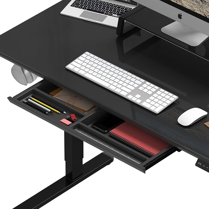SHW 48-Inch Glass Electric Height Adjustable Standing Desk, Black | w/ Monitor Riser | Memory Presets and Cable Management | Drawer with Built-in Compartments | Hanging Hooks