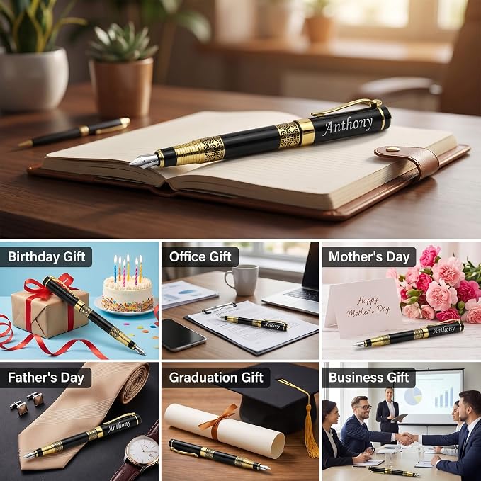 Ancolo Custom Ink Pens with Name on the Pens - Souvenir Gift Set with 5 Pen Box 10 extra Black Refills Engraved pens Gift for Christmas Father's day Graduation Wedding Gifts