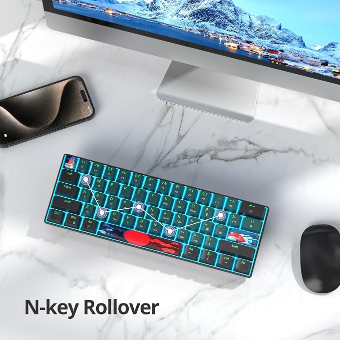 60 Percent Gaming Keyboard 60% Mechanical Keyboard LED Backlit Ultra Compact Wired Keyboard with Red Switch for Windows Laptop Gamer(61 Sound Wave)