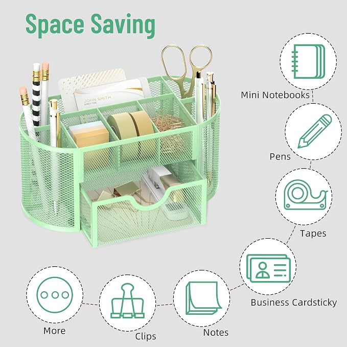 Mesh Desk Organizer with Drawer, 9-Compartment Pen Holder for Desk, Green | Pull-Out Drawer Stores Pens, Pencils, Clips, Notes, and Small Office or School Supplies in One Compact Desk Caddy