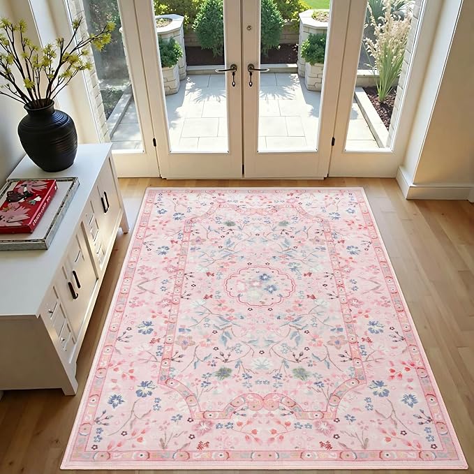 3x5 Area Rugs for Bedroom, Pink Machine Washable Rug, Non-Slip Low Pile Throw Rugs with Rubber Backing Printed Vintage Floral Carpet for Living Room Dining Room Kitchen Home Decor