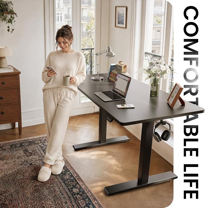 CubiCubi One-Piece Standing Desk, 48 x 24 Electric Height Adjustable Computer Desk, Sit Stand up Home Office Workstations with Whole-Piece Desktop, Black