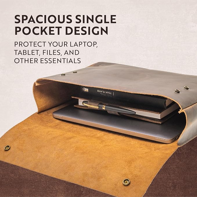 Moonster Leather Folder, Full Grain Leather File Folder Organizer Document Holder, Portfolio for Men –Spacious Folio Laptop Sleeve Case - Fits 13" 14" 15” Laptops, MacBook and Tablets