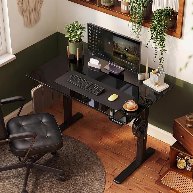 INNOVAR 35 x 20 Inch Black Glass Standing Desk with Drawers | Tempered Glass Top, Ergonomic, Adjustable Height, Stand Up Desk, Home Office, 4 Memory Presets