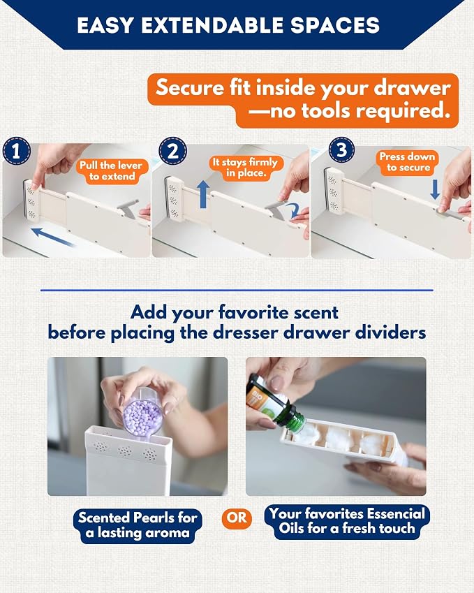 4 Pack Adjustable Drawer Dividers for Clothes with Scent Slots 4" High, 13-20.4" and 4 Adjustable Hooks, Expandable Dresser Drawer Dividers for Kitchen, Closet, Bathroom, Office