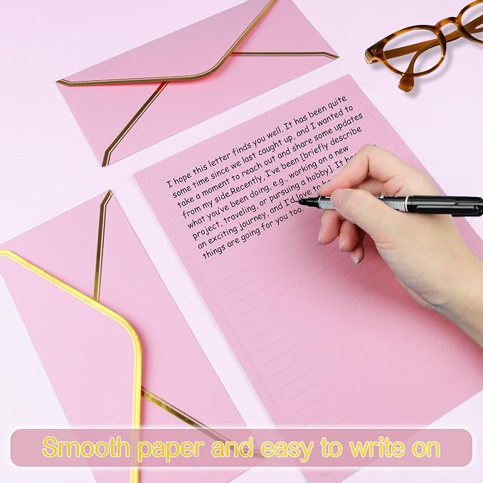 J6&H6 Gold Thread Stationary Paper and Envelopes Set Including 12 Standard Sized Phnom Penh Envelopes and 24 Sheets of Lined Paper Suitable for Daily Emotional Expression Formal Communication(Pink)