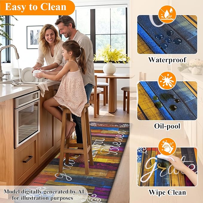 HEBE Anti Fatigue Kitchen Rugs Set of 2, Non Slip Cushioned Kitchen Mats for Floor, Waterproof Farmhouse Kitchen Carpet Set Comfort Standing Desk Mat for Sink,Office,Laundry