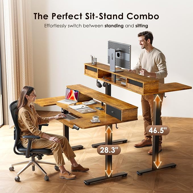 OffiGo U Shaped Electric Standing Desk with Drawers, 55 Inch Height Adjustable Desk with Keyboard Tray ＆ Ergonomic Monitor Stand, Sit Stand Table with Power Outlets for Home, Office, Rustic Brown