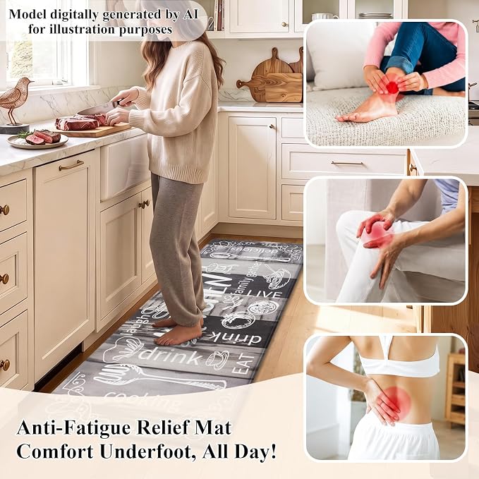 HEBE Anti Fatigue Kitchen Rugs Set of 2, Cushioned Kitchen Mats for Floor | Non Slip Farmhouse Kitchen Rug and Runner Set, Waterproof Comfort Kitchen Floor Mat Carpet for Sink, Standing Desk, Laundry