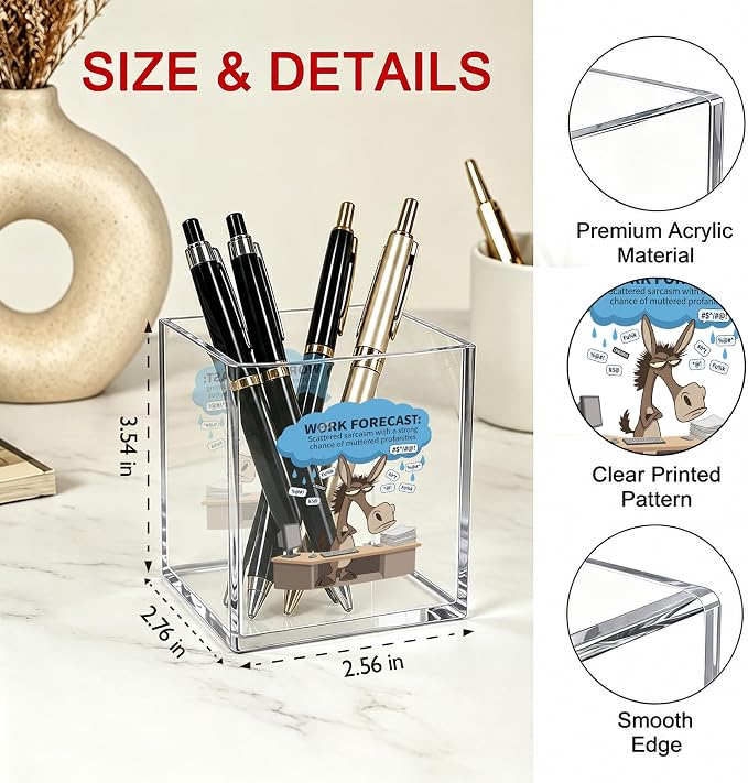 Funny Donkey Office Acrylic Cosmetic Pen Pencil Holder Cup, Work Forecast Cute Pencil Organizer, Humorous Unique Desk Accessories, Gag Sarcastic Gifts for Women Men Boss Employee（A14）