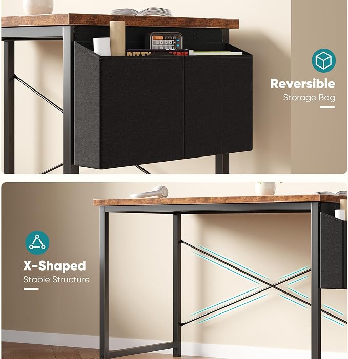 OLIXIS Computer Desk, 44 Inch Home Office Desks for Small Spaces, Writing Craft Study Gaming Table for Bedroom, Modern Computer Workstation with Storage Bag and Headphone Hook, Rustic Brown