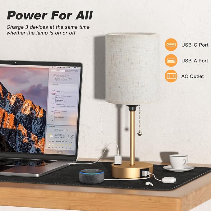 Dicoool Elegant Gold Bedside lamp for Bedroom - 3 Color Temperatures Small Table Lamp with USB C and A Ports, Pull Chain Table Lamps with AC Outlet, Cream Nightstand Lamps for Kids Reading Study