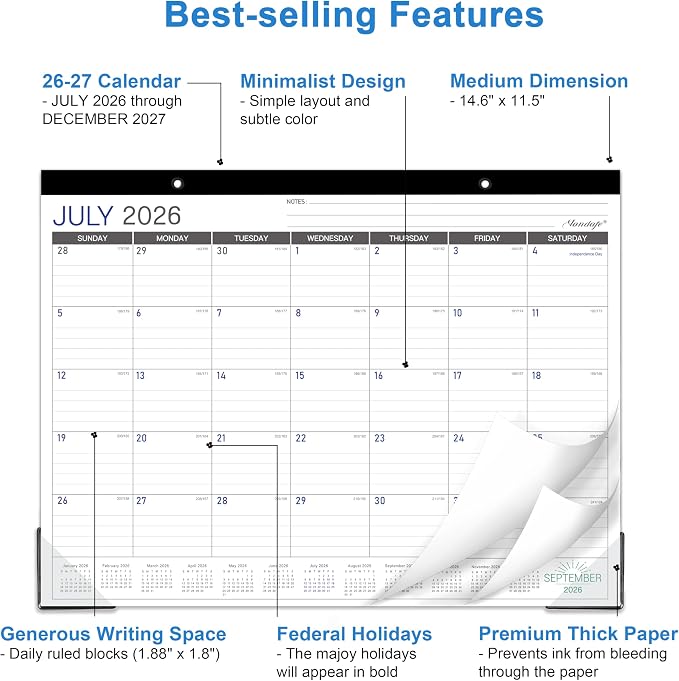 2027 Desk Calendar - Desk/Wall Calendar 2026-2027, Jul 2026 - Dec 2027, 26-27 Calendars 18 Month, Desk Calendars with Corner Protectors, Large Ruled Blocks, Thick Paper, Colorful, 14.6" x 11.5", Desktop Calendar for Daily Organizer