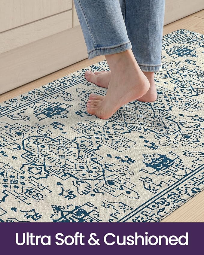 DEXI Kitchen Mats for Floor Cushioned, 23x107 Extra Large Wide Runner Rug Non Slip, Waterproof Soft Comfort Standing Padded Anti Fatigue Decorative, Blue and White