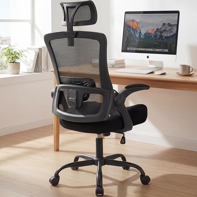 NEO Chair Office Chair High Back Desk Chair Comfy Gaming Computer Mesh Seat with Ergonomic Lumbar Adjustable Headrest Rolling Flip-up Armrests and Wheels (Dark Black)