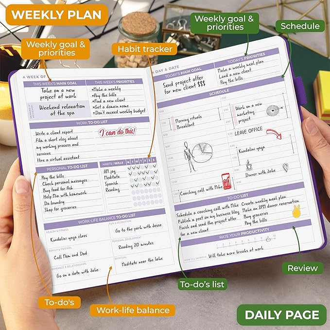 Clever Fox Daily Planner 2nd Edition – Undated Time Block Task Organizer with Hourly Schedule & To-do list – A5, 6 Months (Purple)