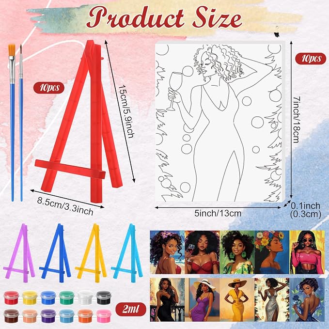 Blosssound 10 Set Charming Lady Pre Printed Canvas Pre Drawn Canvas Painting with Easel Kits 5" x 7" Sip and Paint Party Kit for DIY Art, Adult's Date Night