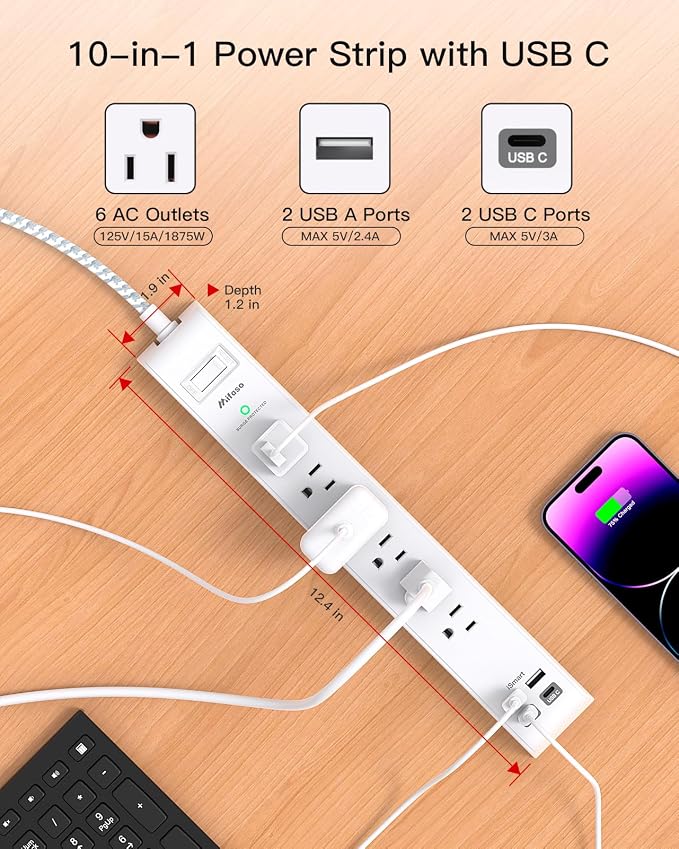 2 Pack Power Strip Surge Protector - 6 Outlets 4 USB Charging Ports, 5Ft Braided Extension Cord, Flat Plug, Overload Protection, Wall Mount for Home Office, Dorm Room Essentials White