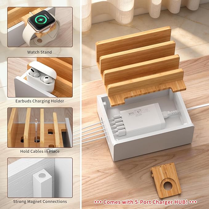 Pezin & Hulin Bamboo Charging Station with USB Charger&Cables-Natural+White | Desk Docking Station Smart Watch&Earbuds Stand for Multiple Devices Electronic Organizer for Cell Phone, Tablet