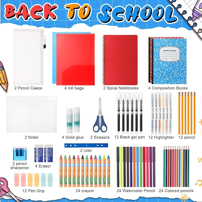 Gilprop 2 Set 2026 School Supplies Kit, 47 Pcs Per Set Back to School Supplies Primary Middle College Bundle Essential Stuff Bulk Pen Notebook Stationery for Kid Student Girl Teen Classroom Boy