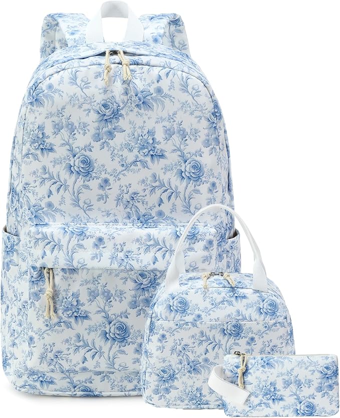 Bluboon Teens Backpack Set Girls School Backpack Lunch Box Pencil Bags Student Bookbags 3 in 1 (Blue Toile Floral 231)