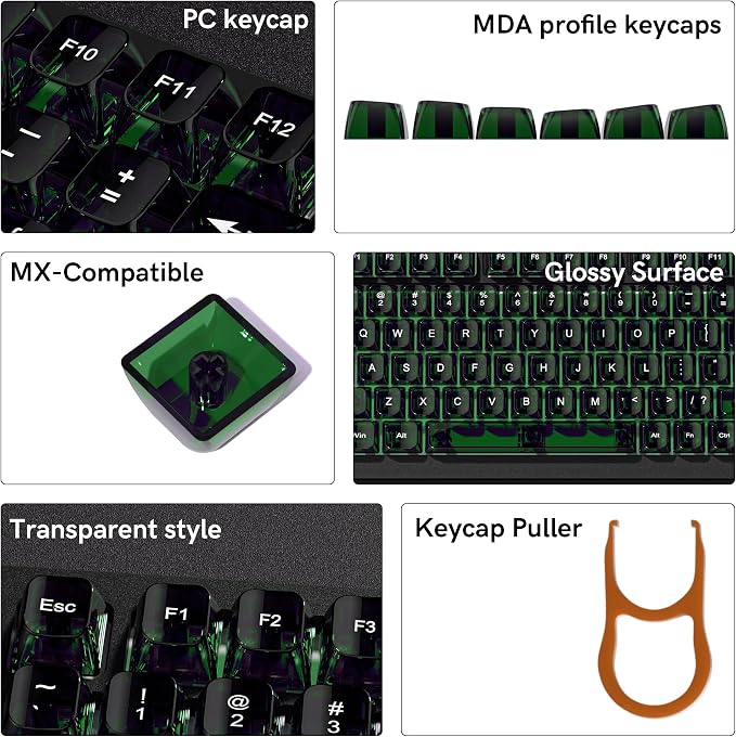 dagaladoo Clear keycaps,Transparent Keyboard keycaps,Jelly Key caps Set,Shine Through keycap，MDA Profile Keyboard caps for Mx Switches Mechanical Keyboard(Dark Green)
