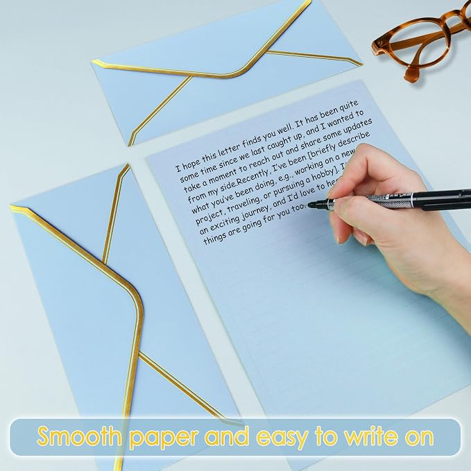 J6&H6 Gold Thread Stationary Paper and Envelopes Set Including 12 Standard Sized Phnom Penh Envelopes and 24 Sheets of Lined Paper Suitable for Daily Emotional Expression Formal (Lake Blue)