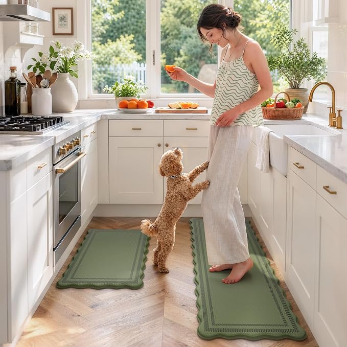 KIMODE Kitchen Mats for Floor Cushioned Anti Fatigue,Green Boho Home Decor | Scalloped Rugs for Kitchen Floor Non Slip,Farmhouse Kitchen Runner Rugs,Summer Laundry Room Rugs for Office Bathroom Sink