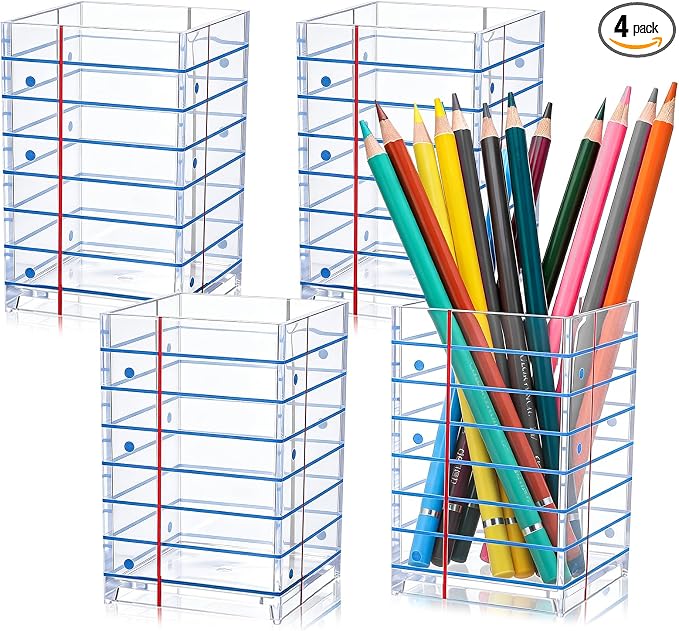 4Pcs Back to School Pencil Holder for Classroom, Acrylic Pen Holder for Desk Clear Pen Holder Organizer with Blue Line, Dispenser Pencil Storage for Office School Teachers Students