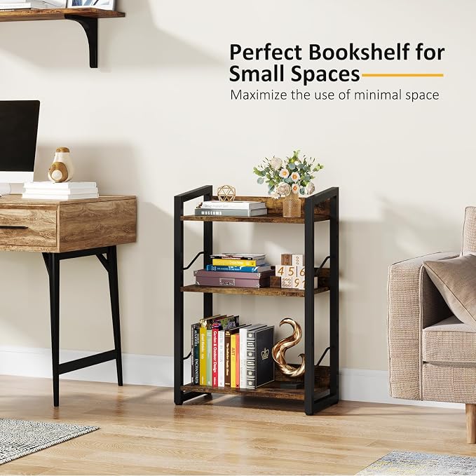 Hosfais 3-Tier Small Bookshelf Bookcase with Edge Protection | Wood Book Shelf Industrial Bookshelf Metal Narrow Bookcase Storage Organizer Display Rack for Bedroom Home Office (Brown)