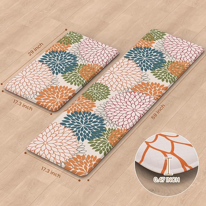 KIMODE Kitchen Rugs and Mats Cushioned Anti Fatigue 2PCS Standing Mat | 17"x59"+17"x29",Boho Floral,Non-Skid,Waterproof,Kitchen Runner Rug,Comfort Foam Paded Mat for Floors Office Laundry Sink