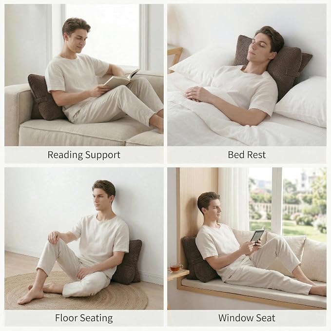 Pat. Pend. Corduroy Lumbar Support Pillow for Recliner, Sitting & Relaxing, Triangle Cushion for Sofa, Couch or Bed, Reading Pillow with Removable Washable Cover, Chocolate