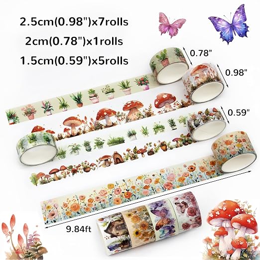 KOVANO Washi Tape Set 13 Rolls - Mushroom Butterfly Floral Decorative Tape for Scrapbooking Supplies, Junk Journal, DIY Crafts, Arts