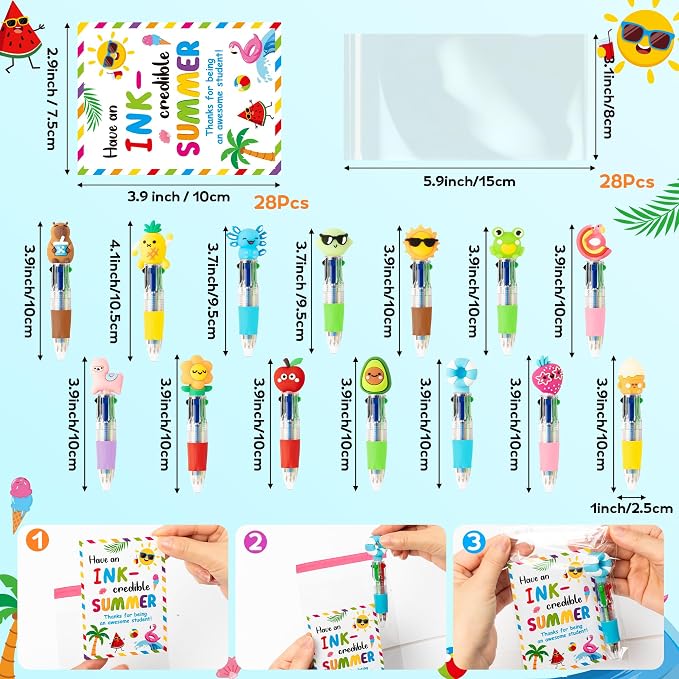 ANGOLIO End of Year Student Gifts Bulk 28 Sets Cute Summer 4 in 1 Multicolor Ballpoint Pens with Gift Cards for Summer Graduation Birthday Party Favors School Classroom Supplies Kids Students Rewards