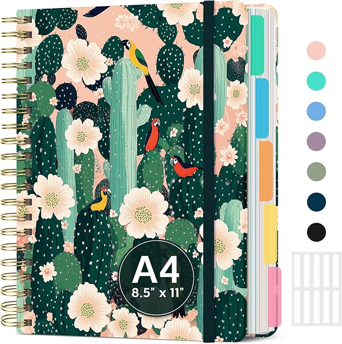 Large Spiral Lined Notebooks for Work with Removable Dividers & Tabs, 8.5"x11" Pretty Hardcover 5 Subject Notebook Journal for Women, College Ruled, Perfect for Study & Office Organization, 280 Pages,Desert Garden