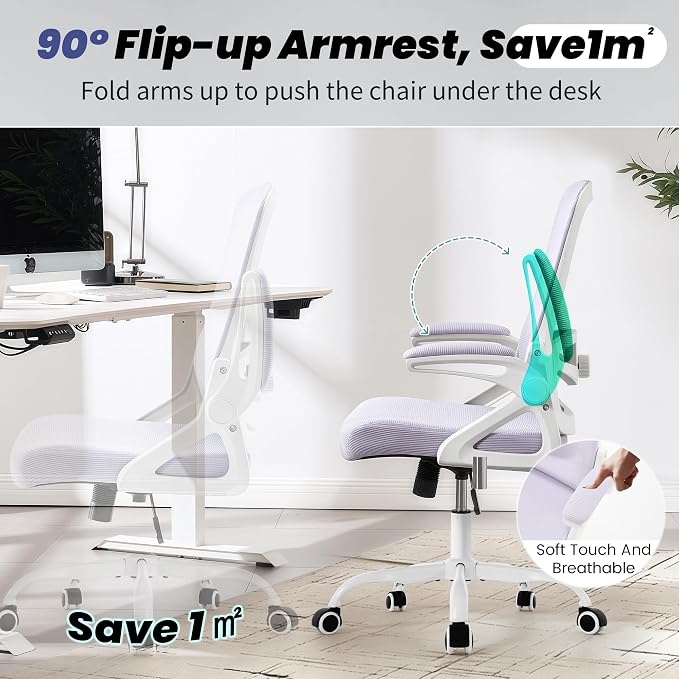 Executive Office Chair with Adjustable Lumbar Support Flip-Up Arms,Lavender | Desk Chair Breathable Mesh Comfy Computer Chairs with Flip-up Armrests Executive Task Chair for Adults Home Office,400lbs