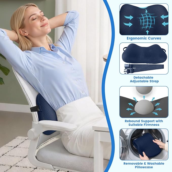 Lumbar Support Pillow for Office Chair, Memory Foam Lower Back Support, Ergonomic Lumbar Pillow with Adjustable Strap, Breathable Cover (Blue)