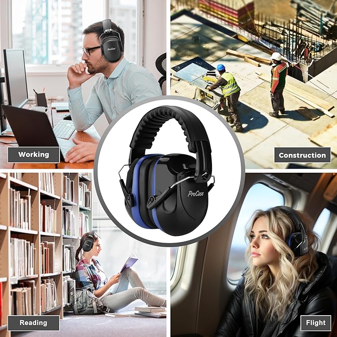 ProCase NRR 28dB Noise Reduction Ear Muffs, Foldable Adjustable Passive Noise Cancelling Headphones for Adults Kids Autism, Hearing Protection for Shooting, Construction, Mowing, Studying -Blue