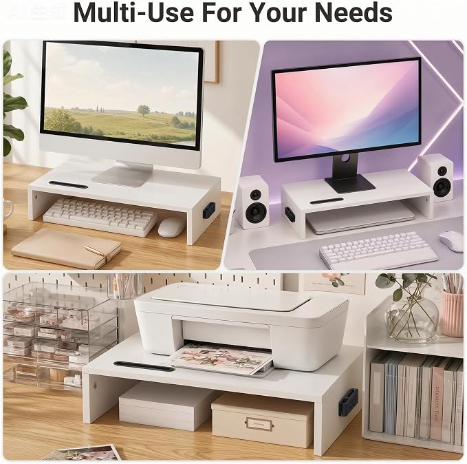 BONTEC Monitor Stand Riser with Cellphone Holder & Cable Management | 16.7 Inch Wood Monitor Riser Stand, Desktop Stand for PC/TV/Laptop/Printer, White