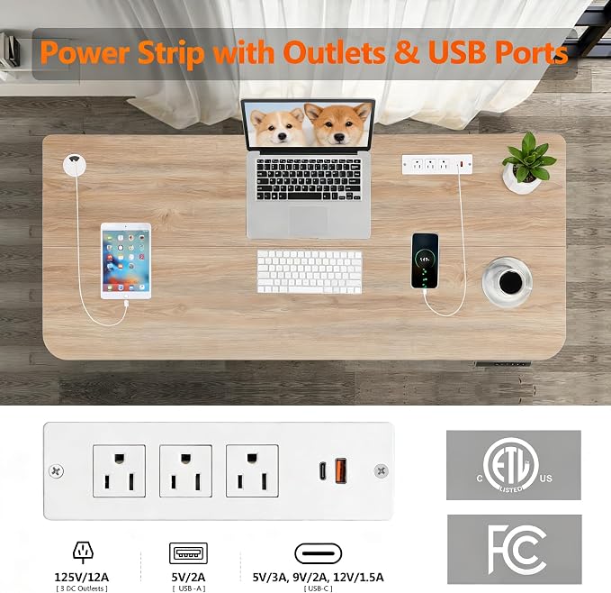 Electric Standing Desk with Wheels, 63'' x 24'' Standing Desk Adjustable Height with Charging Station, 2 USB Ports, 3 Power Outlets, 4 Caster, 27''-46'' Lifting Range Stand up Desk(Oak)