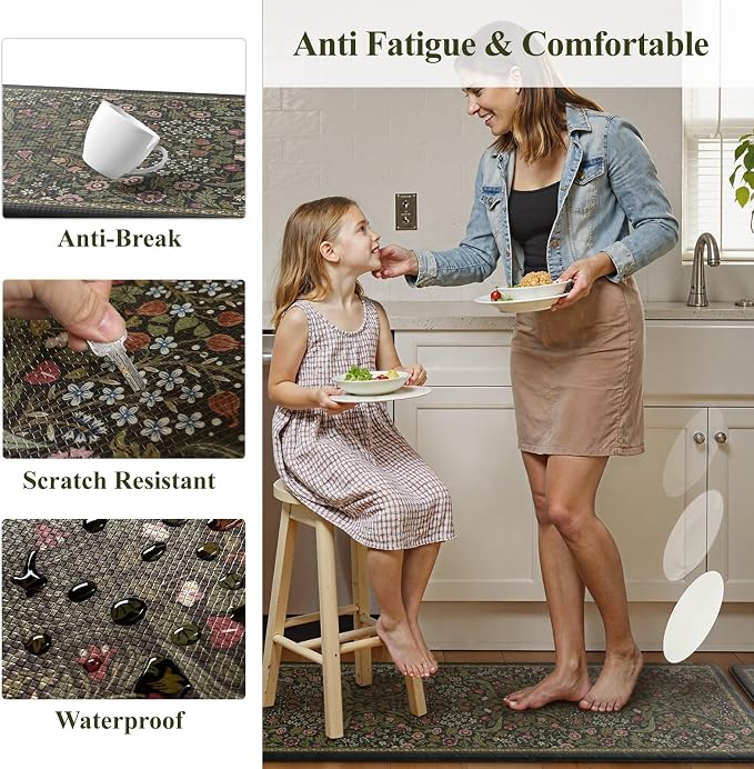 Collive Kitchen Mats for Floor, Cushioned Anti Fatigue Mat Green Floral Rugs Non Skid Waterproof Sink Rug, Memory Foam Comfort Standing Mat for Office, Laundry, Desk, 24''x71''