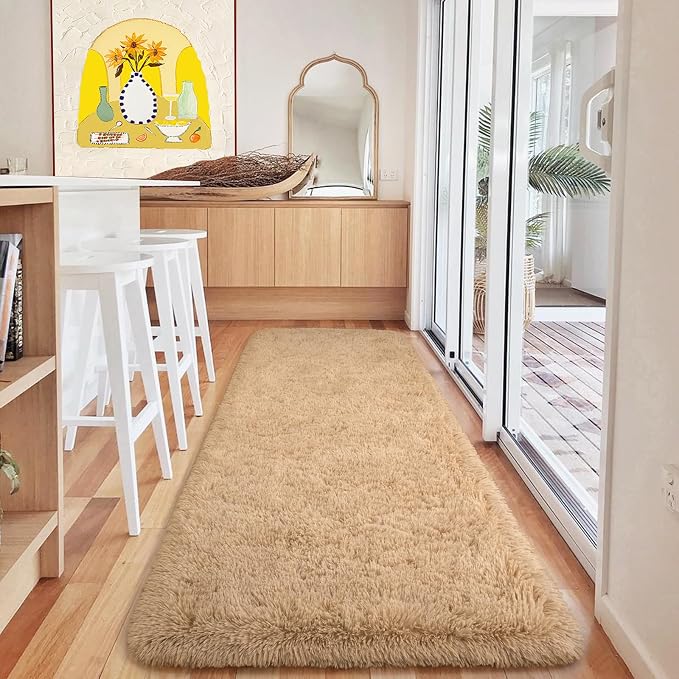 HOMORE 2x6 Runner Rugs for Bedroom, Light Tan Runner Rug for Hallway Entryway Laundry, Modern Shag Bedroom Runner Cute Carpets for Kids Dorm Bedside