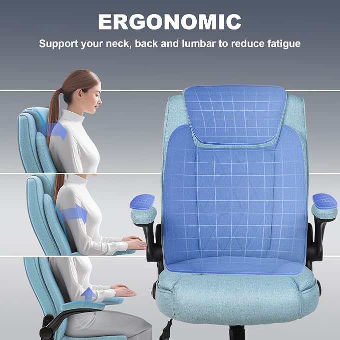 ralex-chair Big and Tall Office Chair -500 lb Office Chair for Big Man, Fabric High Back Office Desk Chair with 120° Tilt Rock,Computer Desk Chair with flip up arm - Light Blue