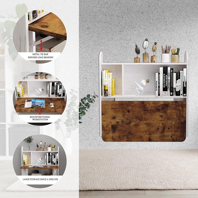 Wall Mounted Drop-Leaf Table, Floating Laptop Desk, Folding Table with Shelves, Multifunctional Computer Workstation with Storage Compartments in Home Office for Space Saving (Grayish White)