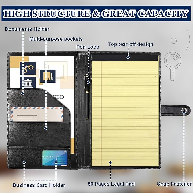 1Pack Legal Size Portfolio Padfolio PU Leather with 8.5 x 14 inch Tearable Legal Pad Holder 50 Sheets Leather Portfolio Folder Binder for Interview Attorneys Business Black