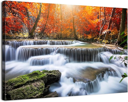 National Park Landscape Wall Art Colorful Maple Trees Wall Decor Country Waterfall Painting Canvas Prints Autumn Scenery Pictures Vintage Artwork for Living Room Office Bathroom Home Decoration 24x36"