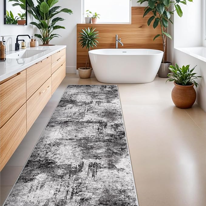 RUUGME 3x8 Runner Rug for Hallway: Abstract Washable Non-Slip Wide Carpet for Kitchen Floor Entryway Bedroom - Soft Boho Modern Low-Pile Throw Floor Mat for Home Decor (3x8 Black-White)