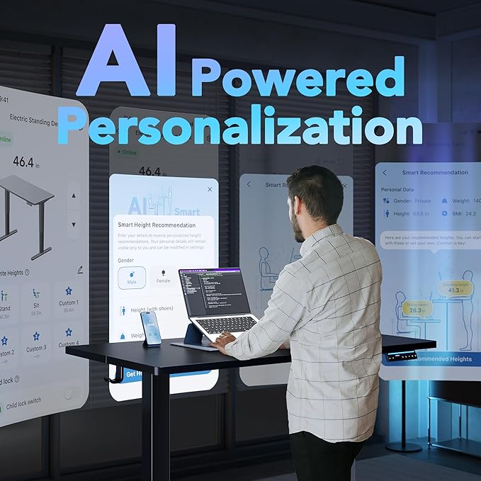 HUANUO 48" AI Smart Standing Desk with App-Synced Sedentary Reminders, Electric Height Adjustable Desk with Body-Data Ergonomic Presets, Voice Control Alexa/Google/Siri, 3 Memory Settings Table, Black