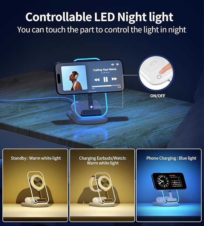 3 in 1 Magnetic Wireless Charging Station for Apple Devices, Fast Foldable Travel Mag-Safe Charger Stand with Night Light for iPhone 17 16 15 14 13 12 Series, Apple Watch/AirPods Pro-Gift for Lovers